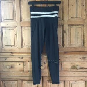 Lilybod Women's Small Black White Leggings Athletic Stripes Side Pockets Workout